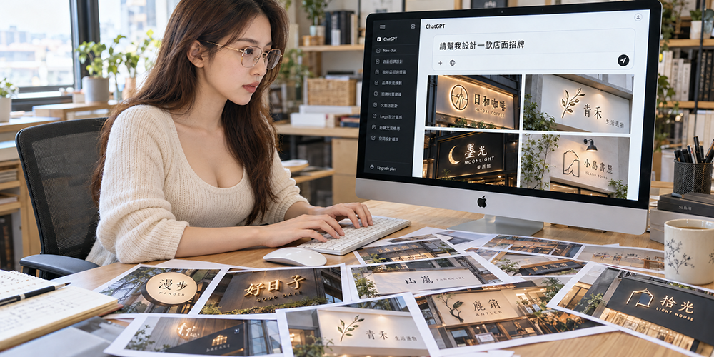 女性使用 ChatGPT 規劃廣告招牌，桌面散放多款 AI 招牌設計列印稿。